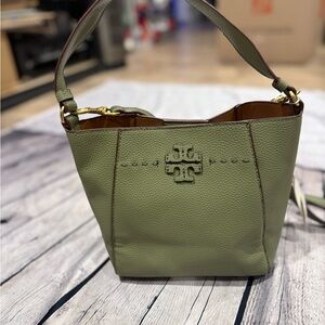 Tory Burch Olive Green Small McGraw Leather Handbag
